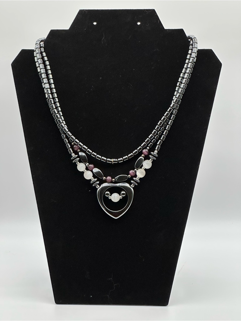 Vintage Hematite Black Silver Tone Heart Pendant Statement Necklace